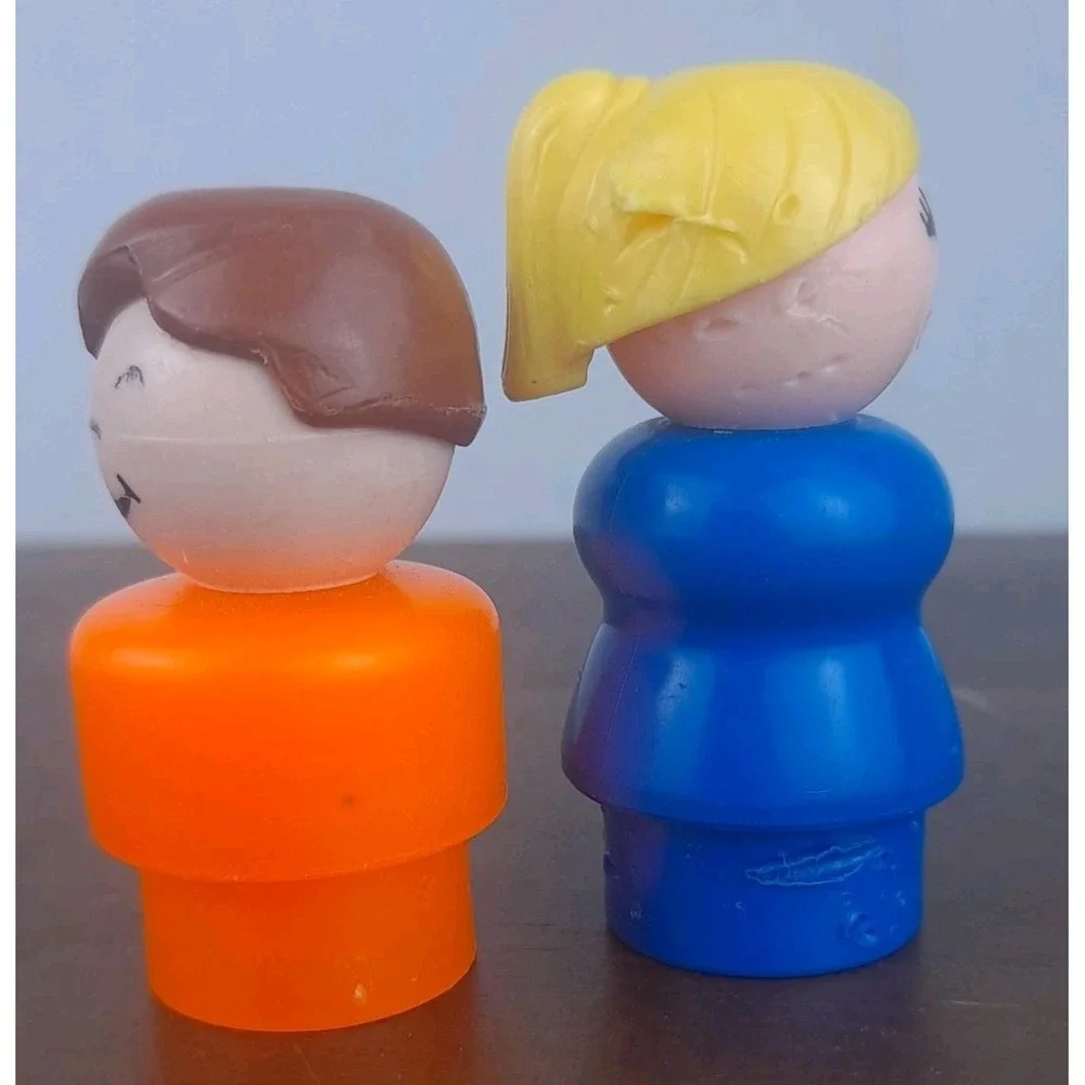 Vintage Fisher Price Little People Mom Blue Dress & Boy Orange Body 1970s Toy